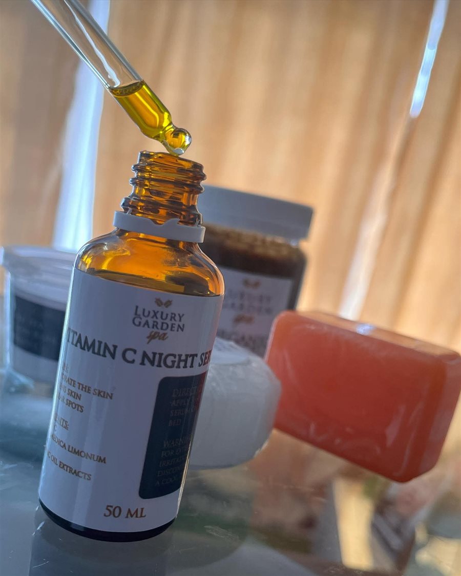 Luxury Garden Vitamin C Night Serum, soap and face scrub