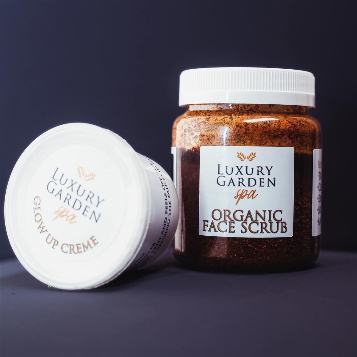 Luxury Garden Spa Glow Up Creme and Organic Face Scrub jars